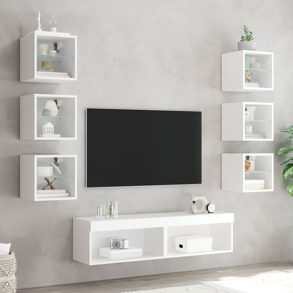 vidaXL Unități de perete TV cu LED-uri, 8 piese, alb, lemn prelucrat