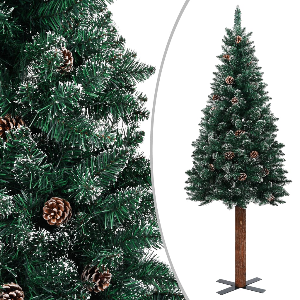 vidaXL Pom Crăciun artificial subțire, lemn și zăpadă, verde, 150 cm