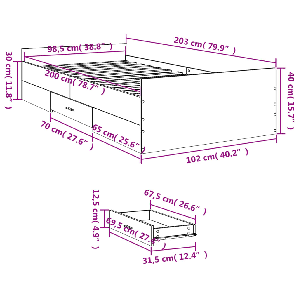 vidaXL Cadru de pat cu sertare, negru, 100x200 cm, lemn prelucrat