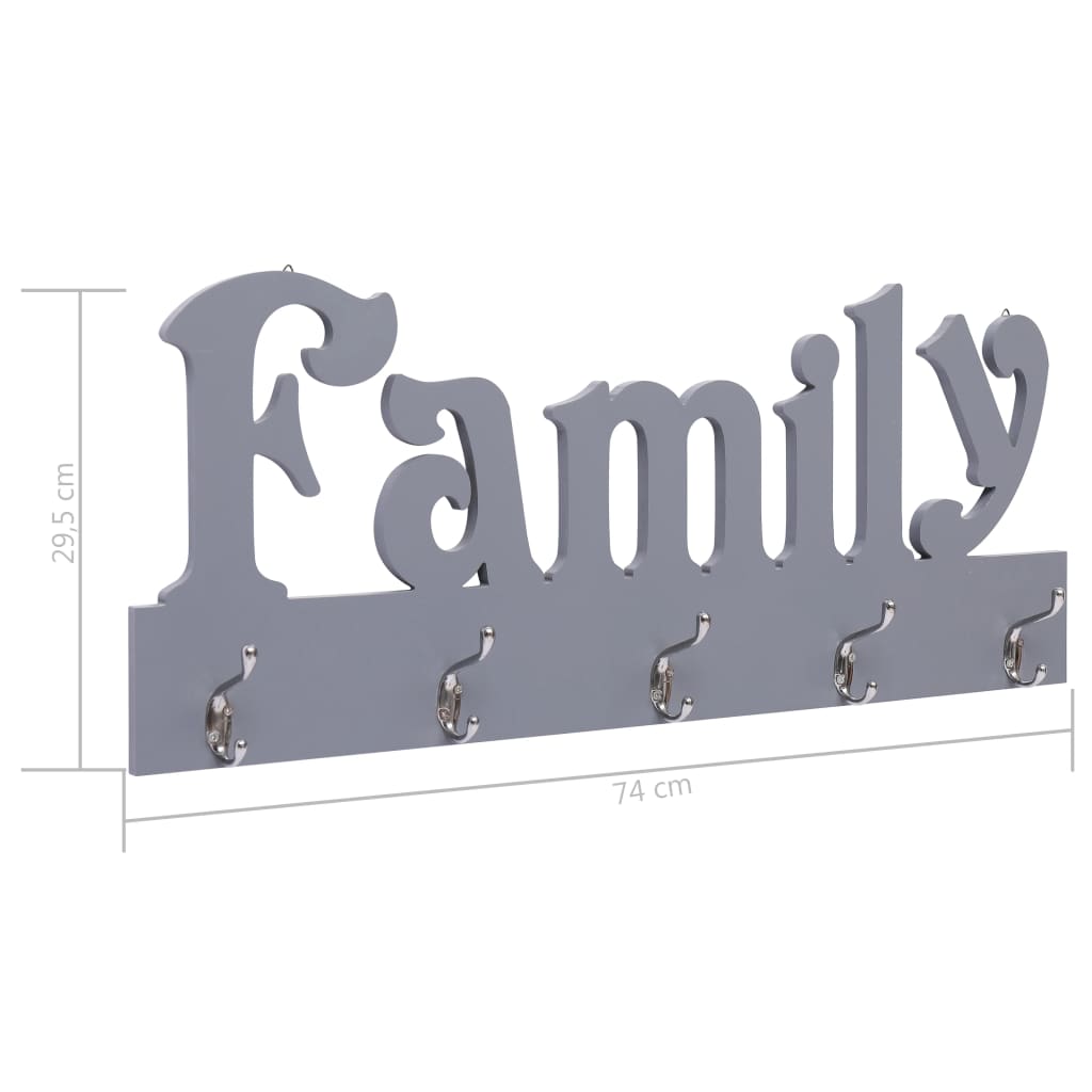 vidaXL Cuier de perete FAMILY, gri, 74 x 29,5 cm