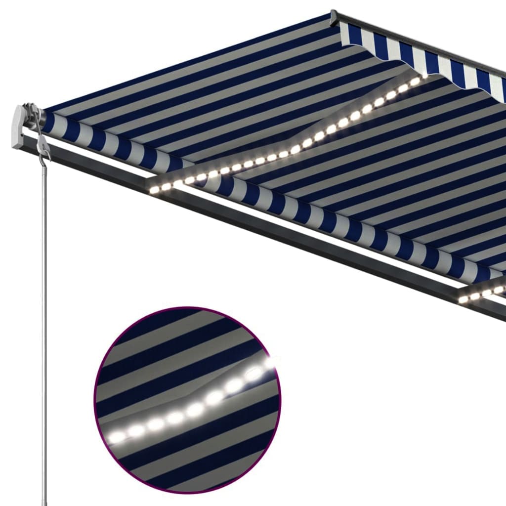 vidaXL Copertină retractabilă manual, cu LED, albastru & alb 4,5x3 m
