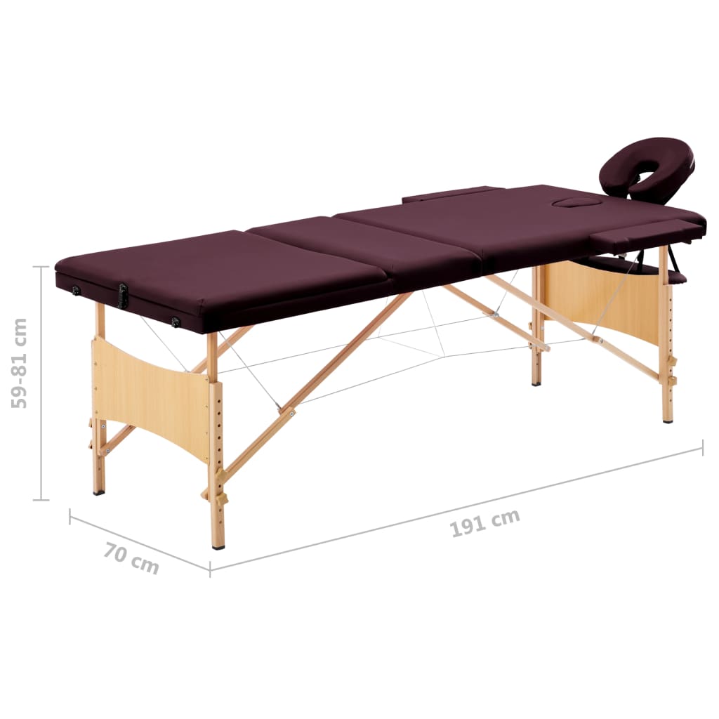 vidaXL Masă de masaj pliabilă, 3 zone, violet vin, lemn