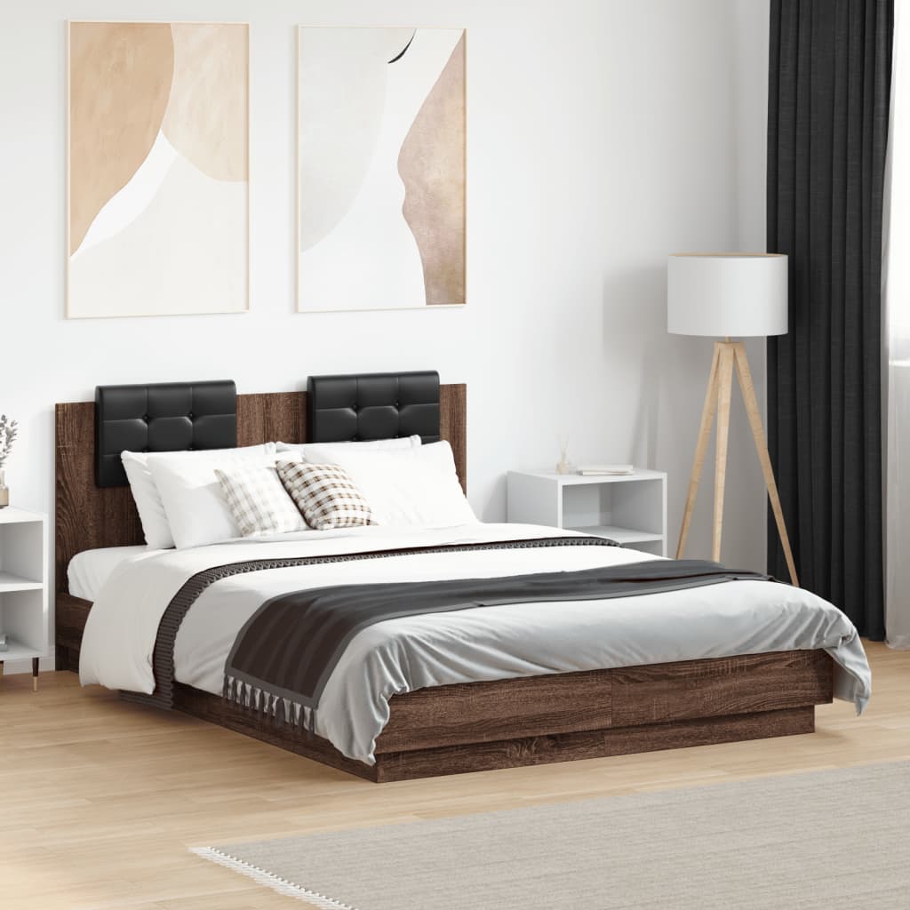 vidaXL Cadru de pat cu tăblie și lumini LED, stejar maro, 135x190 cm