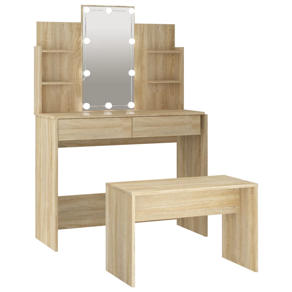vidaXL Set de măsuță de toaletă cu LED, stejar sonoma, lemn prelucrat