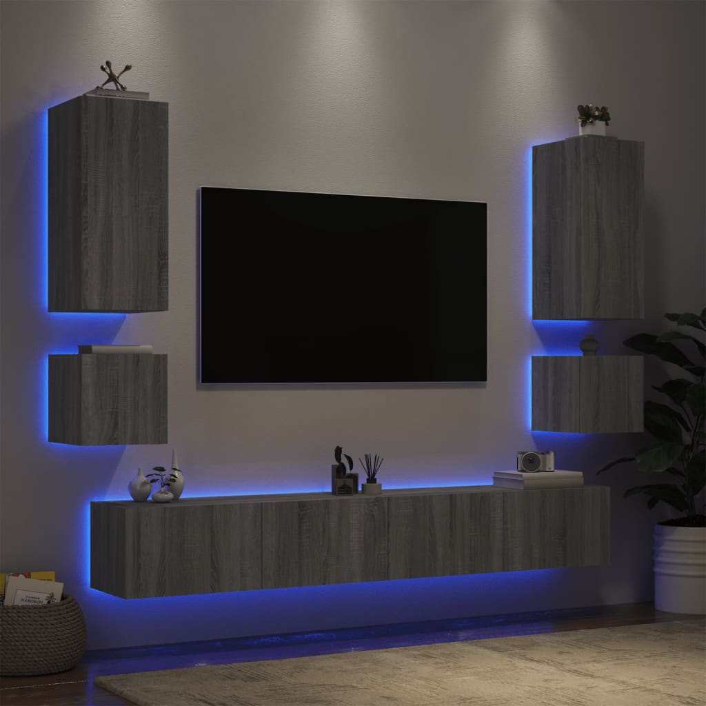 vidaXL Comode TV de perete cu lumini LED, 6 piese, gri sonoma