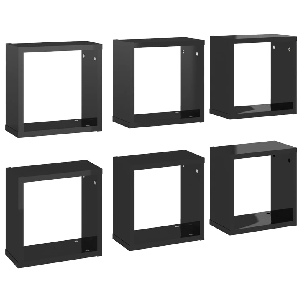 vidaXL Rafturi de perete cub negru extralucios 6 piese 30x15x30 cm