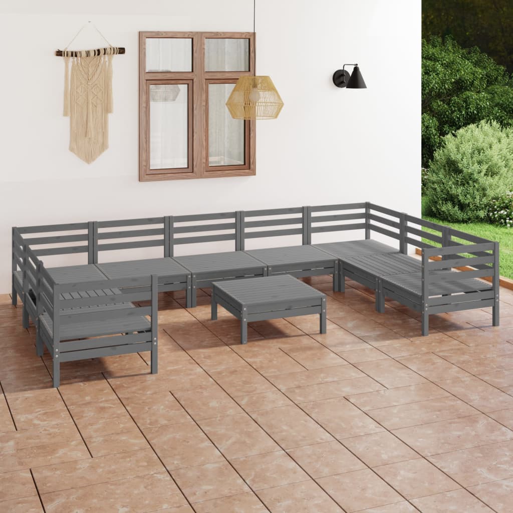 vidaXL Set mobilier relaxare grădină, 10 piese, gri, lemn masiv pin