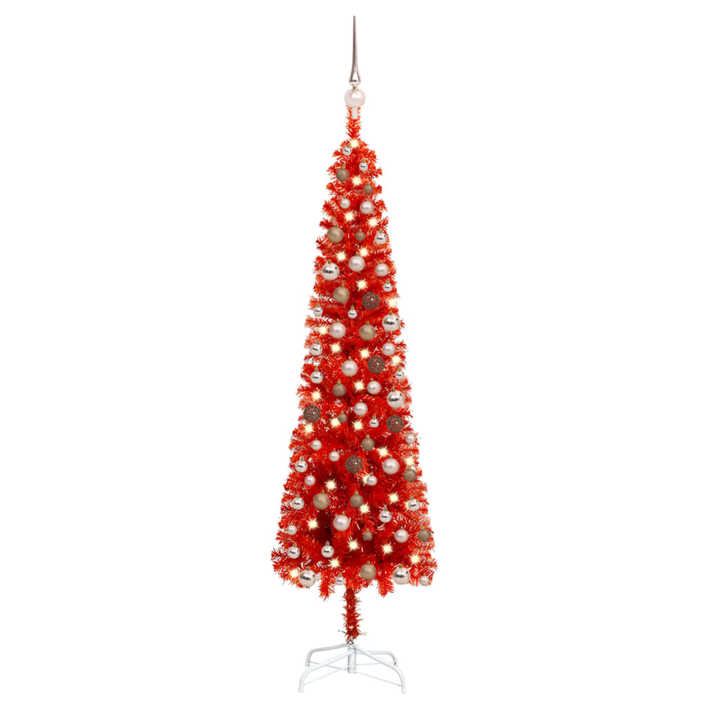 vidaXL Brad de Crăciun pre-iluminat slim, set globuri, roșu, 150 cm