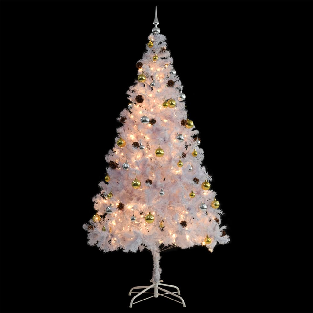 vidaXL Brad de Crăciun artificial cu globuri și LED-uri, alb, 210 cm