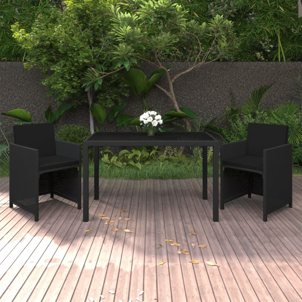 vidaXL Set de masă pentru grădină cu perne, 3 piese, negru, poliratan