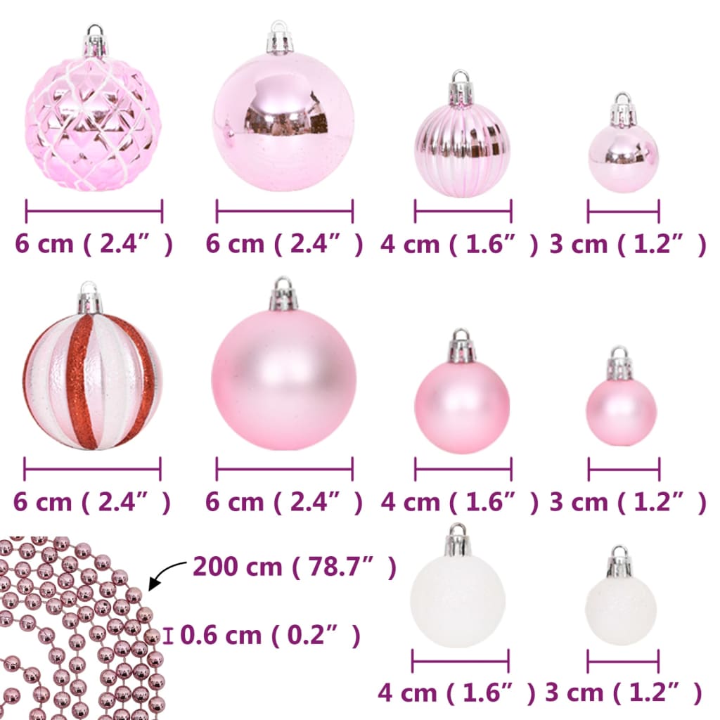 vidaXL Set globuri de Crăciun, 65 piese, roz / roșu / alb
