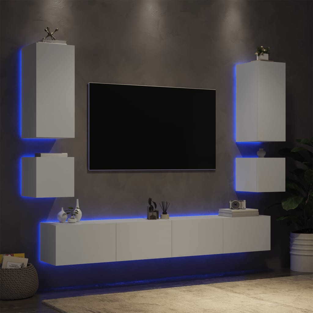 vidaXL Comode TV de perete cu lumini LED, 6 piese, alb