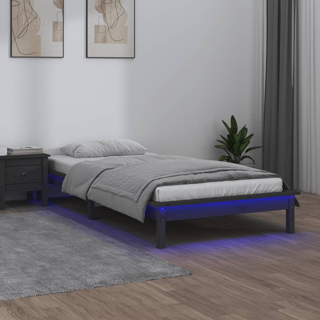 vidaXL Cadru de pat single, cu LED, gri, 90x190 cm, lemn masiv