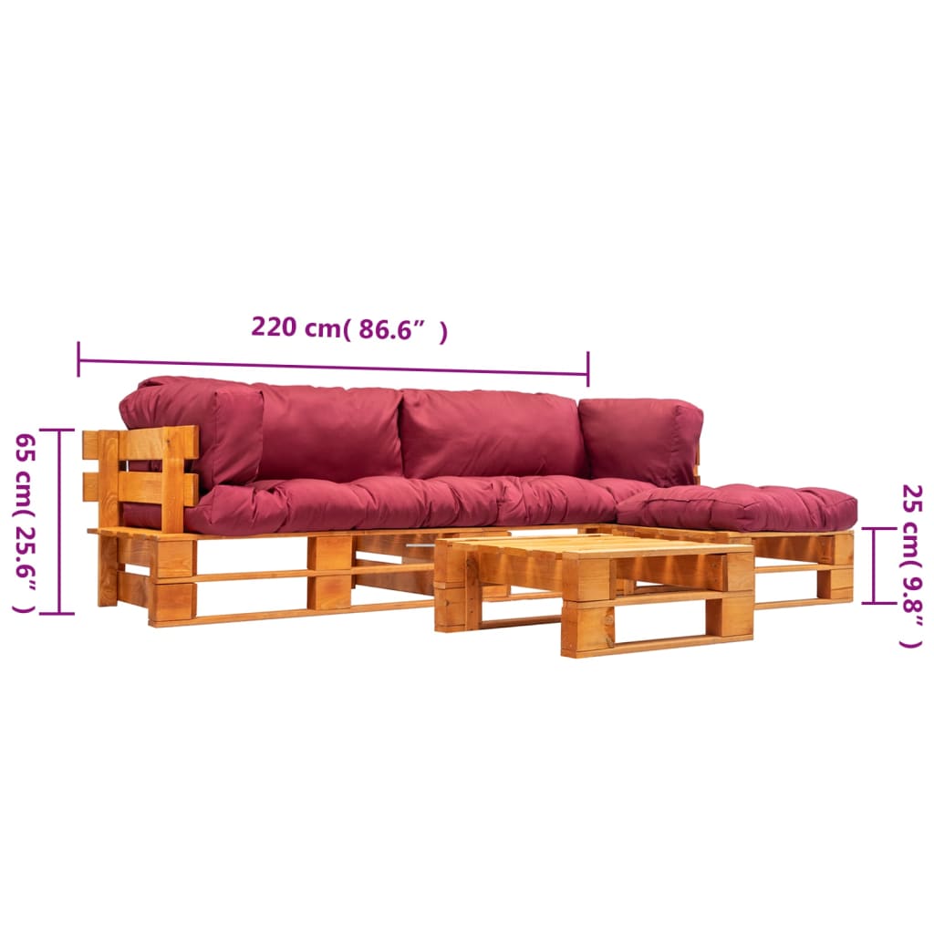 vidaXL Set mobilier grădină din paleți, cu perne roșii, 4 piese, lemn