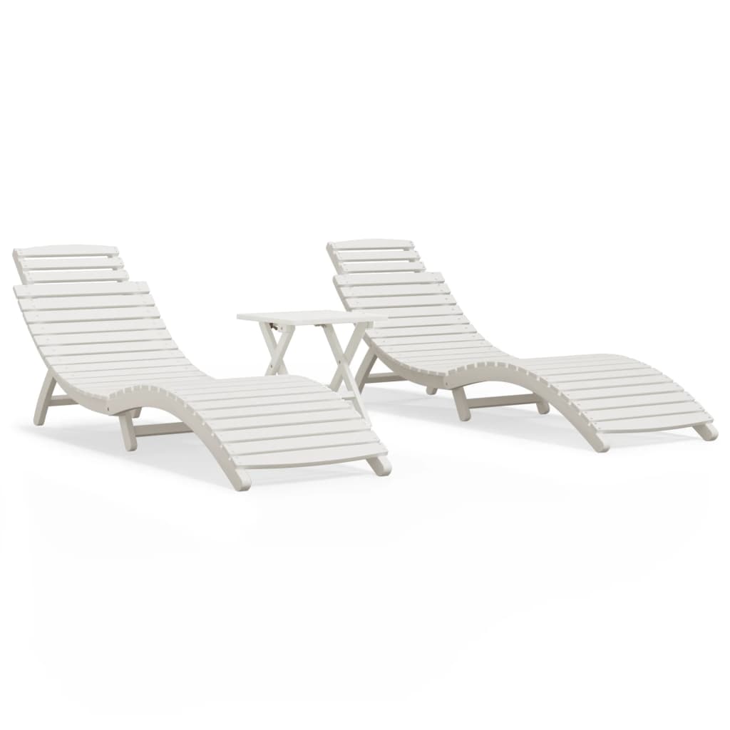 vidaXL Șezlonguri de plajă cu masă, 2 buc, alb, lemn masiv de acacia