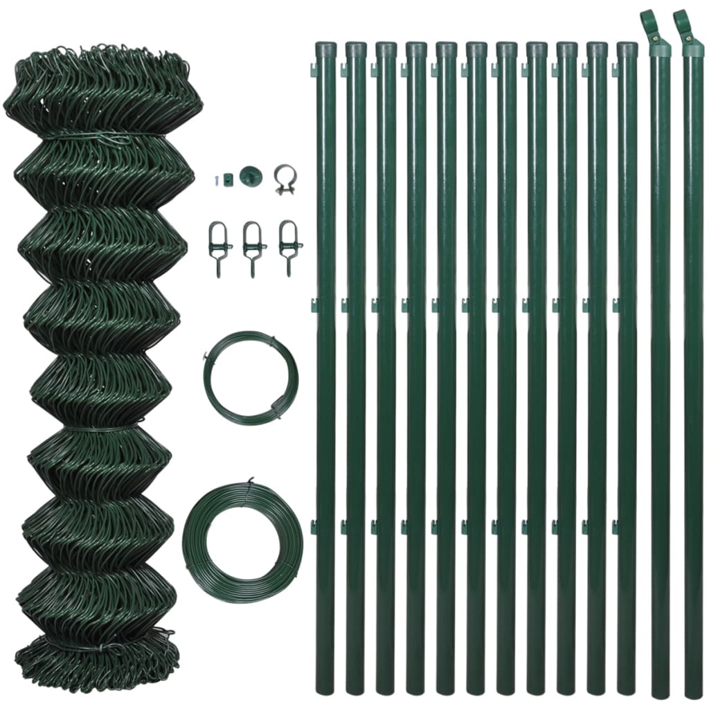 vidaXL Gard din plasă cu stâlpi, verde, 1,5 x 15 m, oțel