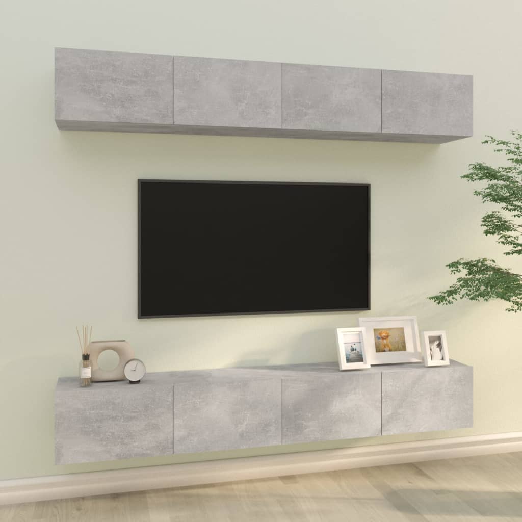 vidaXL Dulapuri TV de perete, 4 buc, gri beton, 100x30x30 cm