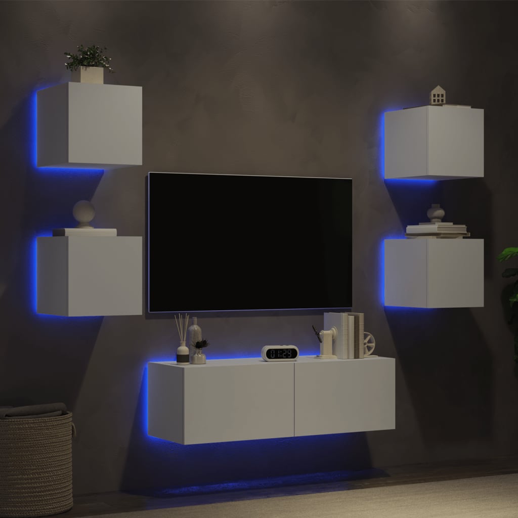 vidaXL Comode TV de perete cu lumini LED, 5 piese, alb