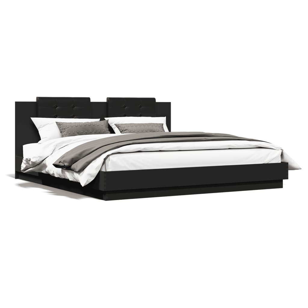 vidaXL Cadru de pat cu tăblie și lumini LED, negru, 200x200 cm