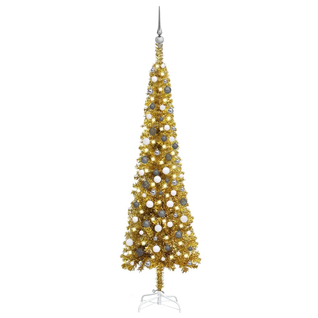 vidaXL Brad de Crăciun pre-iluminat slim, set globuri, auriu, 210 cm