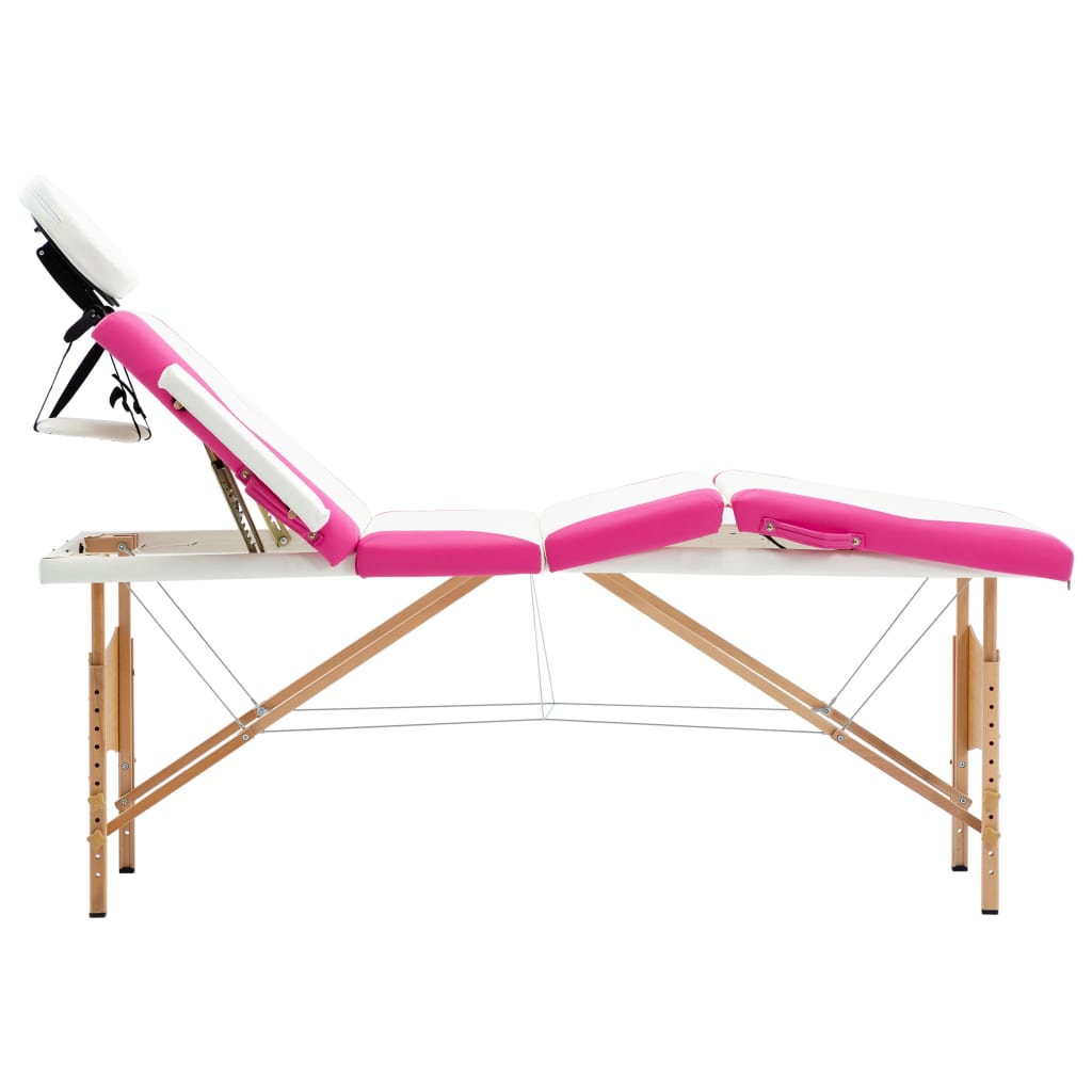 vidaXL Masă pliabilă de masaj, 4 zone, alb și roz, lemn