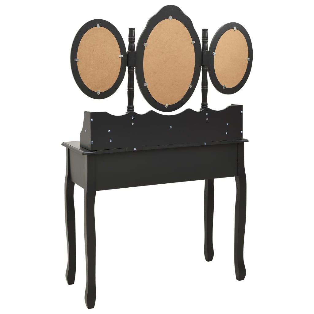 vidaXL Masă de toaletă cu taburet și triptic oglinzi, negru