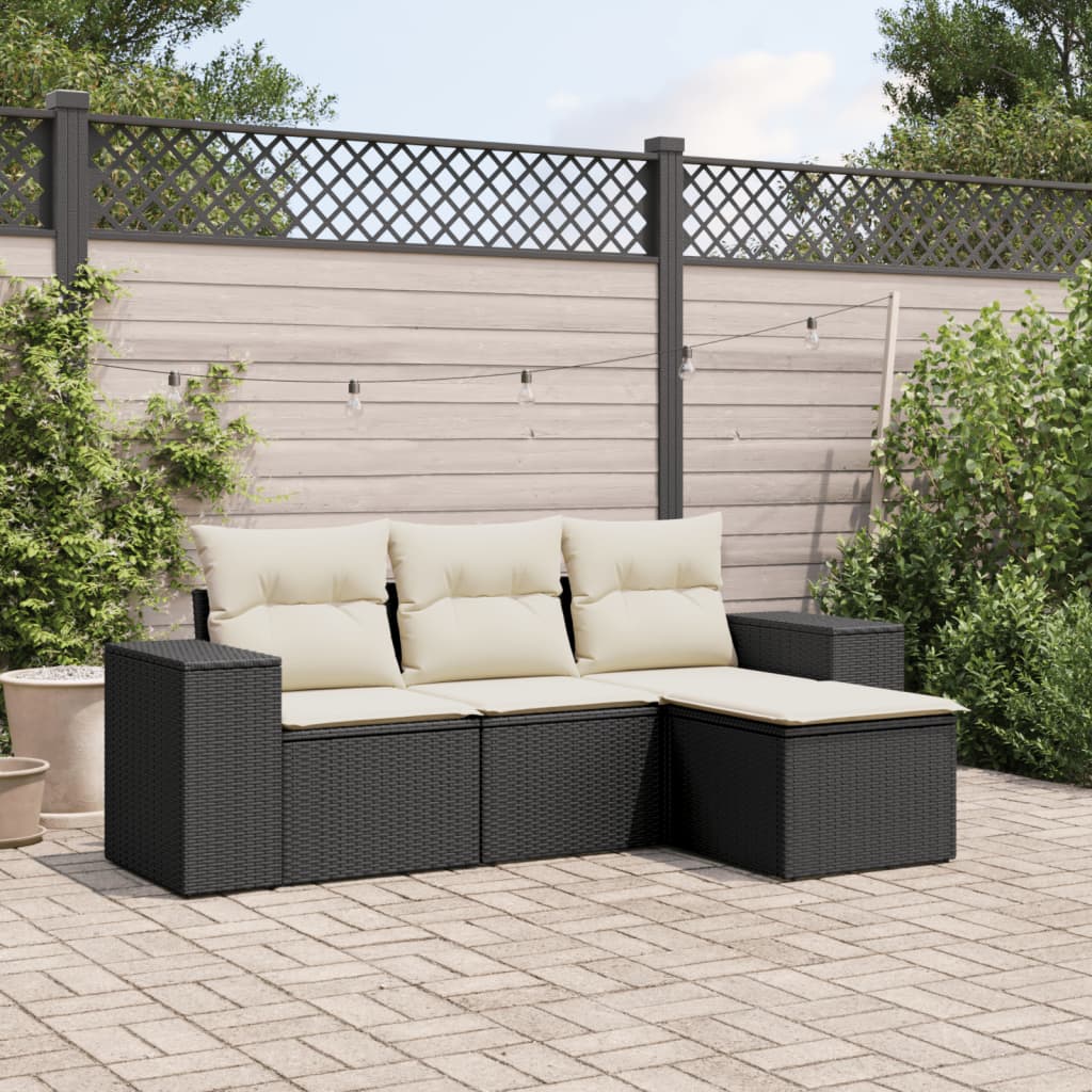 vidaXL Set mobilier de grădină cu perne, 4 piese, negru, poliratan