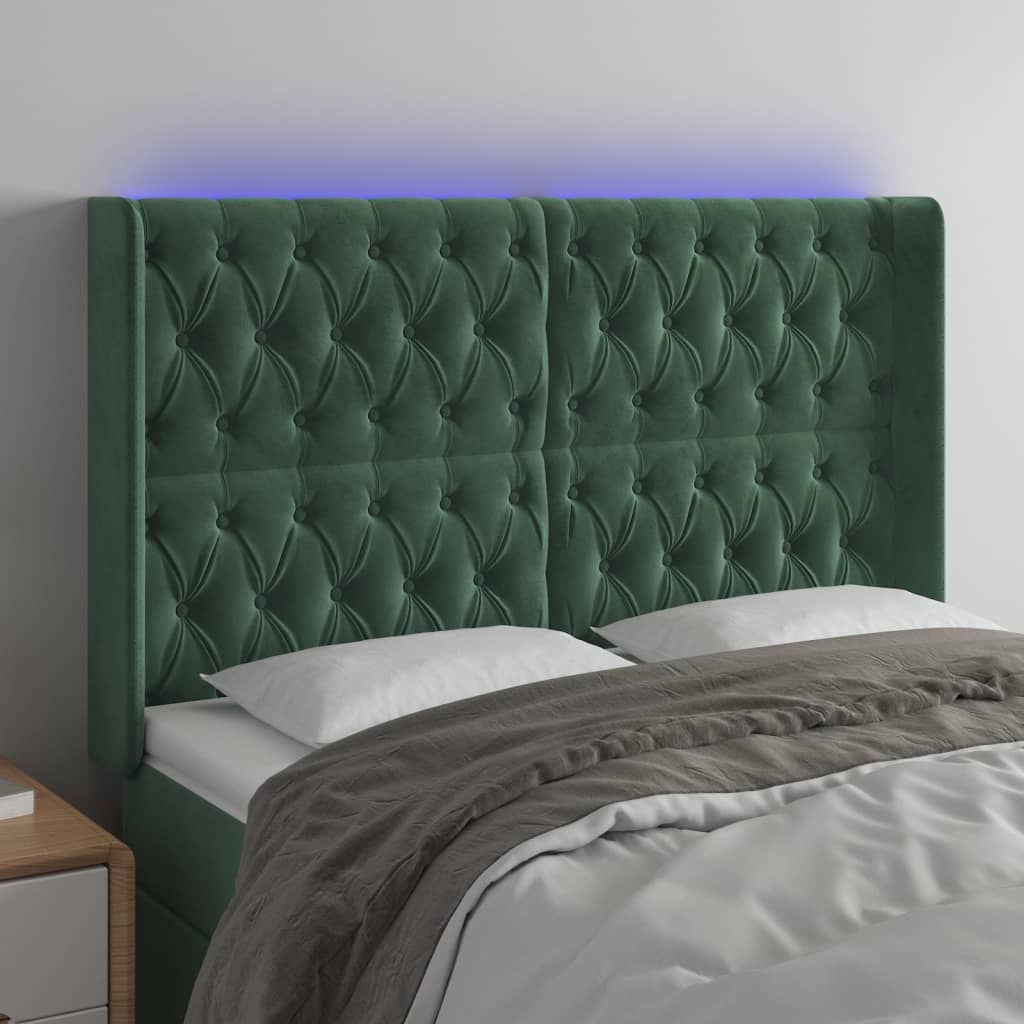 vidaXL Tăblie de pat cu LED, verde închis, 163x16x118/128 cm, catifea