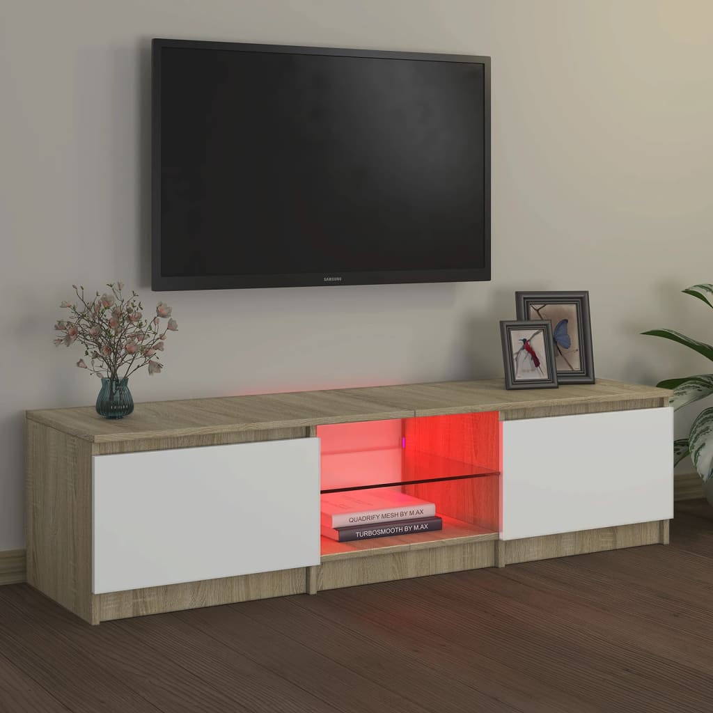 vidaXL Comodă TV cu lumini LED, alb/stejar sonoma, 140x40x35,5 cm