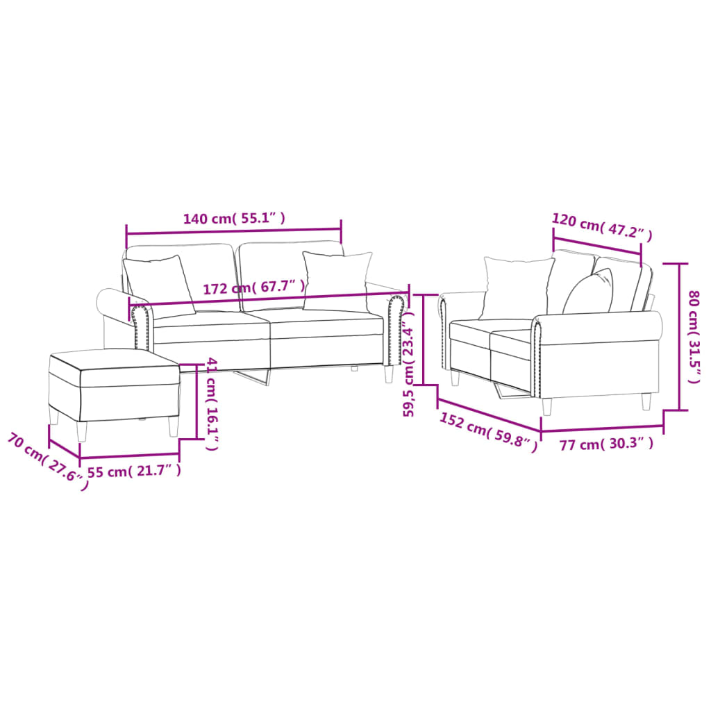 vidaXL Set de canapele, 3 piese, cu perne, gri deschis, catifea