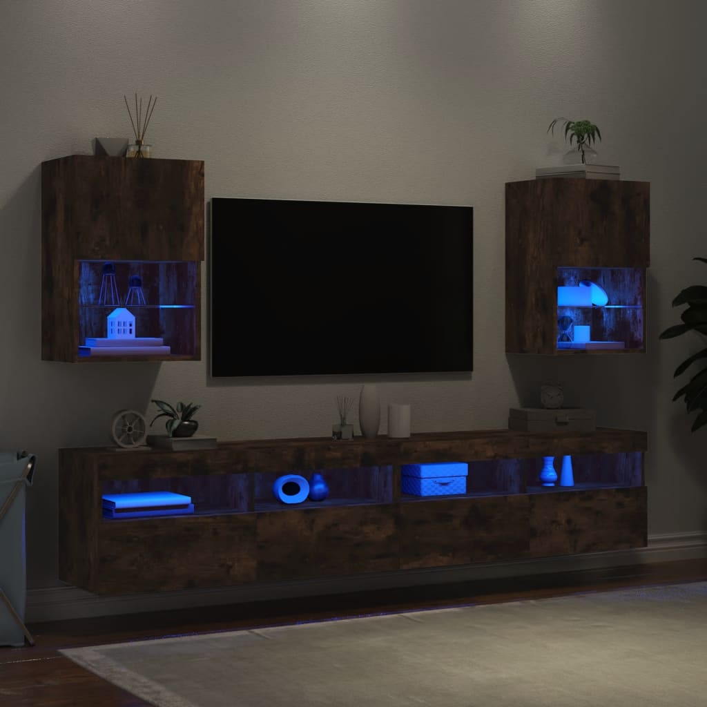 vidaXL Comode TV cu lumini LED, 2 buc., stejar fumuriu, 40,5x30x60 cm