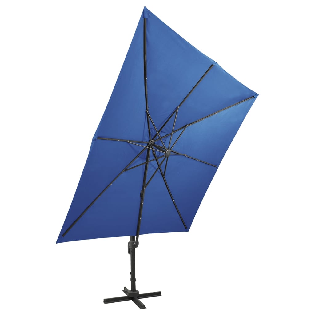 vidaXL Umbrelă suspendată cu stâlp și LED-uri, albastru azuriu, 300 cm