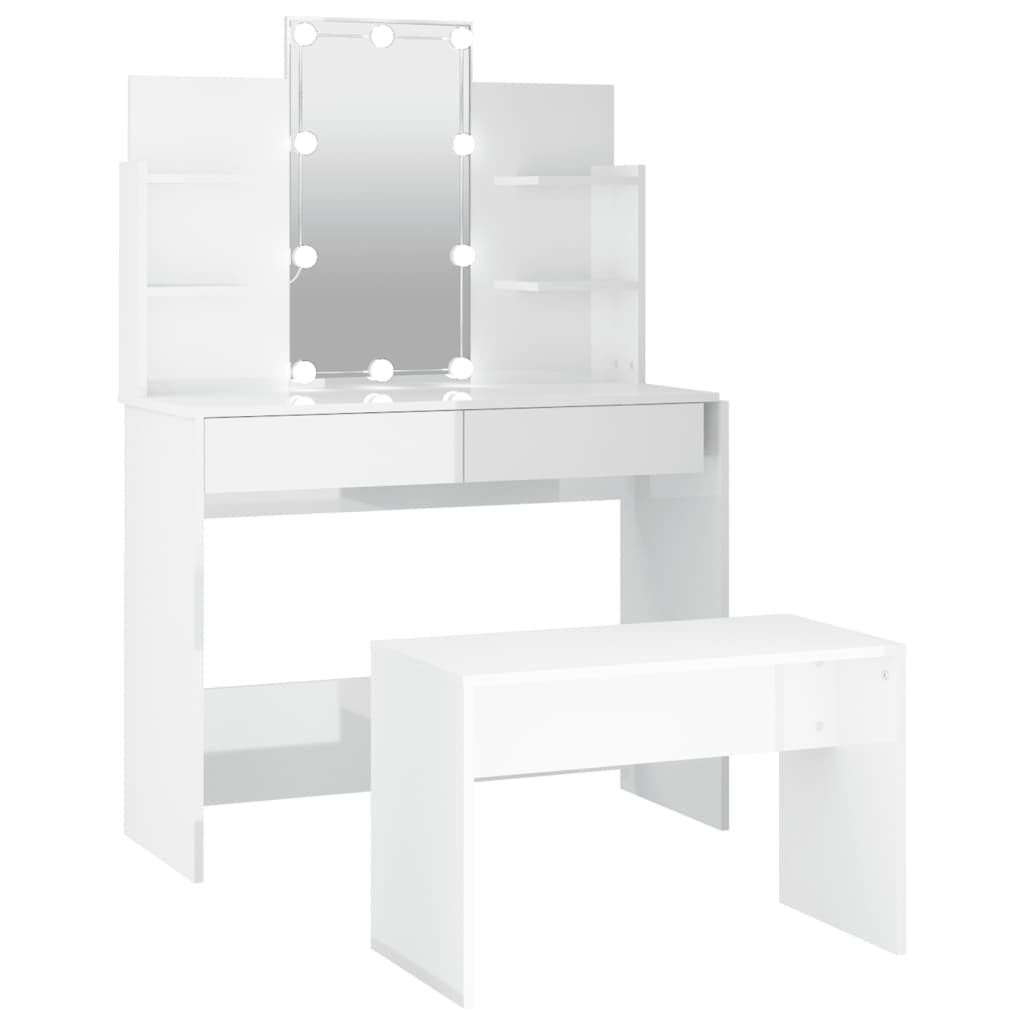 vidaXL Set măsuță de toaletă cu LED, alb extralucios, lemn prelucrat
