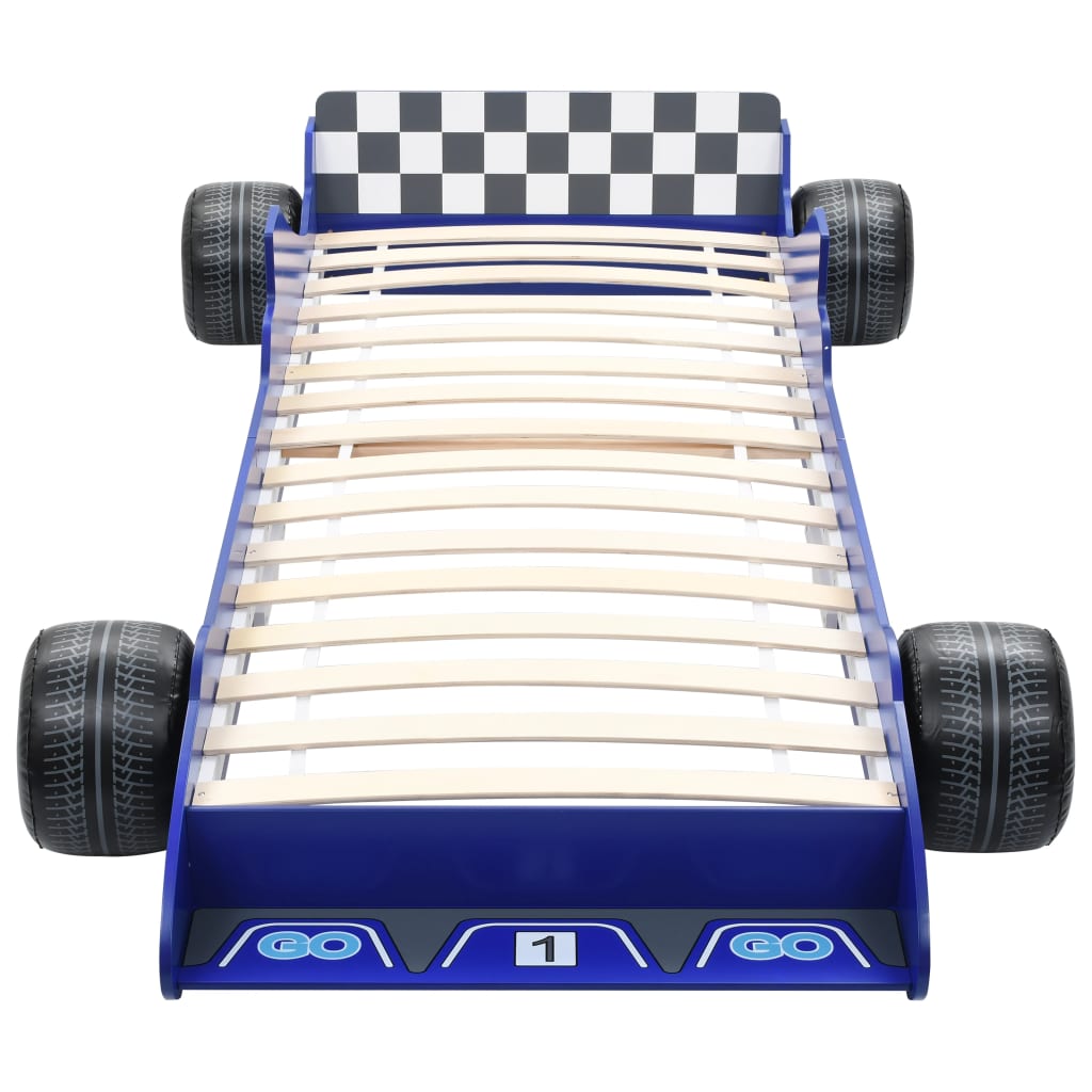 vidaXL Pat pentru copii mașină de curse, albastru, 90 x 200 cm