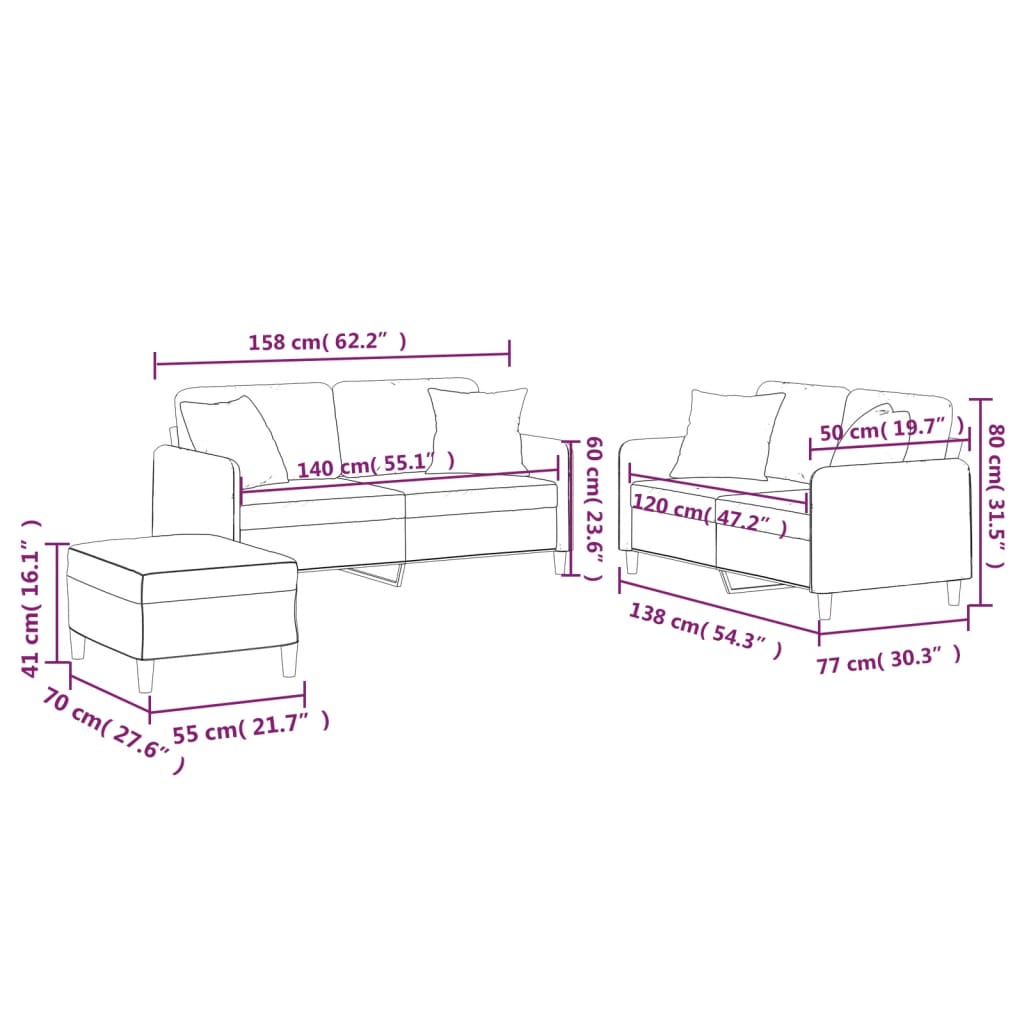vidaXL Set de canapele cu perne, 3 piese, gri închis, textil