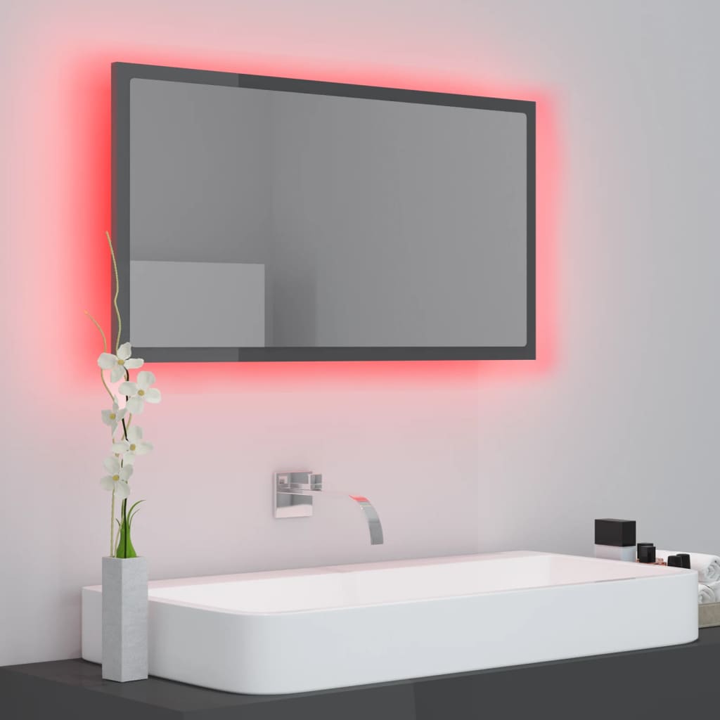 vidaXL Oglindă de baie cu LED, gri extralucios, 80x8,5x37 cm, acril