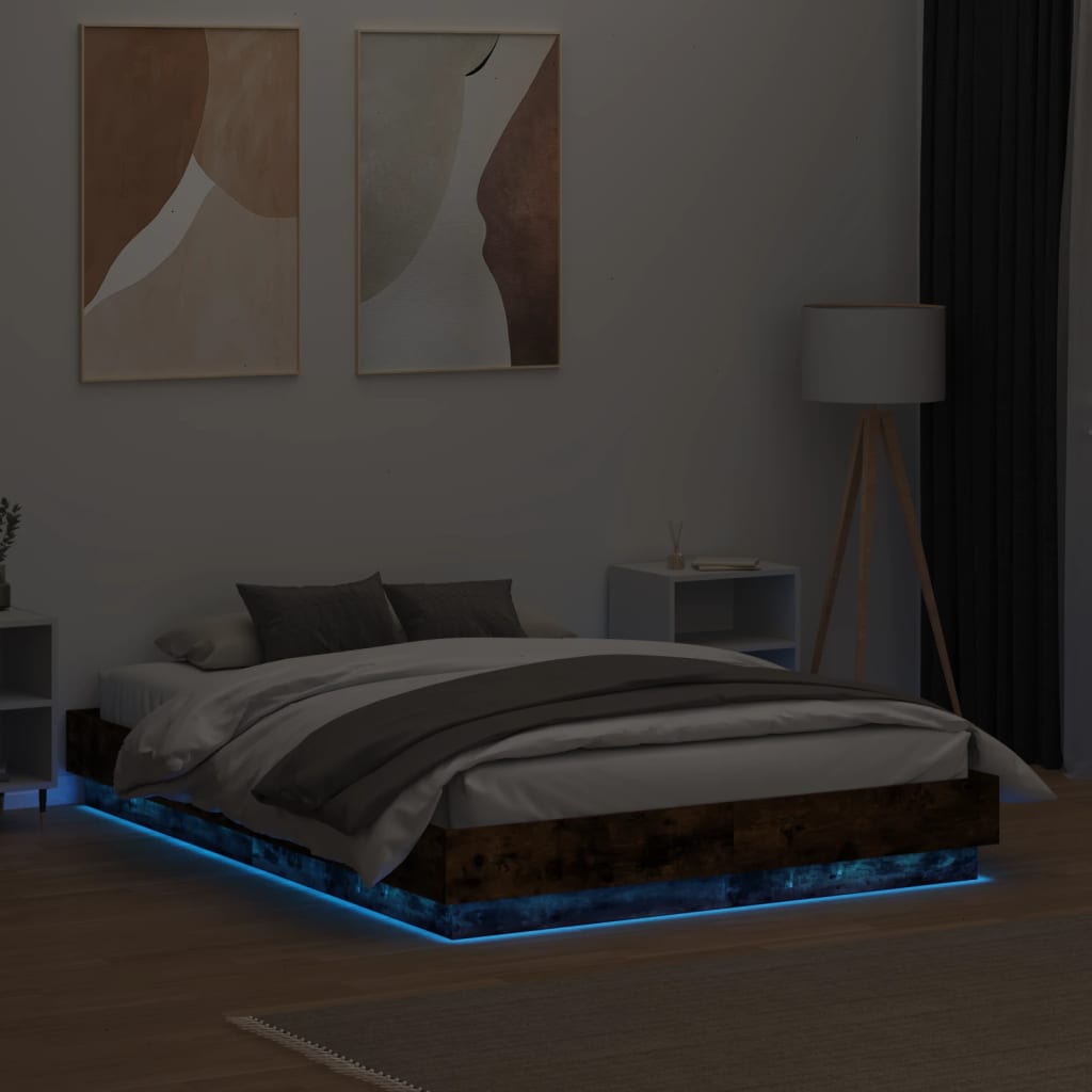 vidaXL Cadru de pat cu lumini LED, stejar fumuriu, 120x190 cm