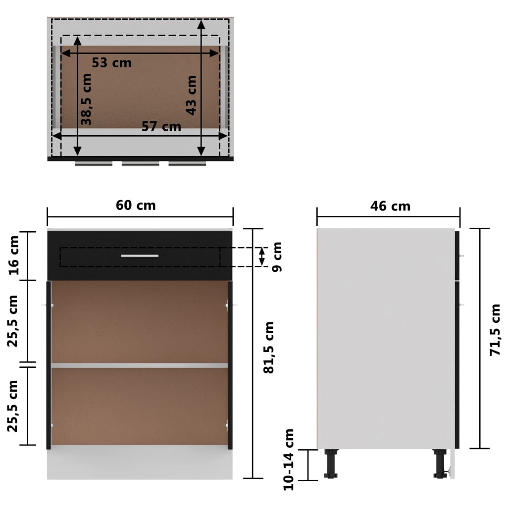 vidaXL Dulap inferior cu sertar, negru, 60 x 46 x 81,5 cm, PAL