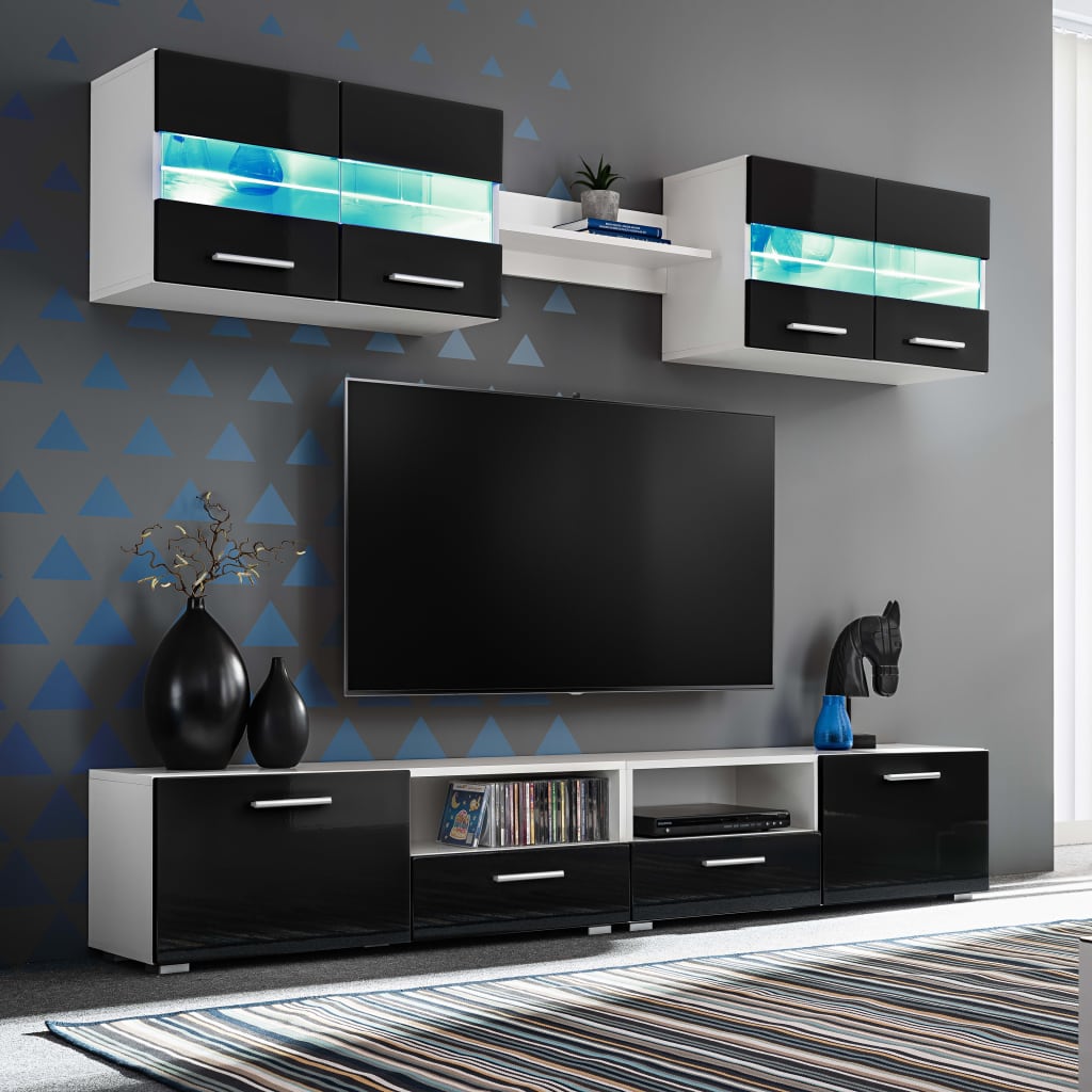 vidaXL Mobilier sufragerie, spațiu TV 5 piese, lumini LED Negru lucios