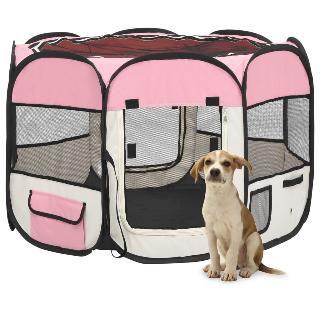 vidaXL Țarc joacă pliabil câini cu sac de transport roz 90x90x58 cm
