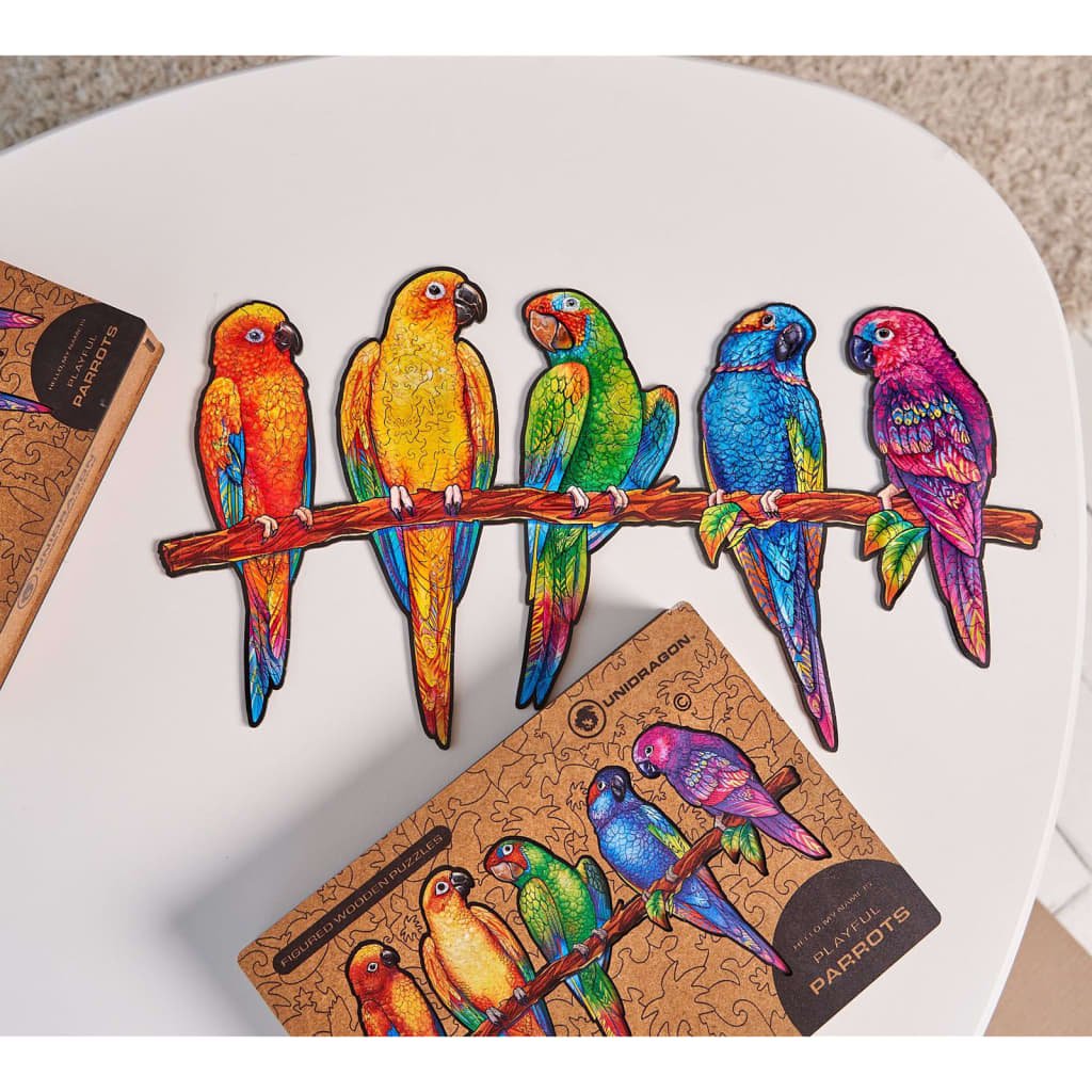 UNIDRAGON Puzzle din lemn 193 piese Playful Parrots, mediu, 44x25 cm