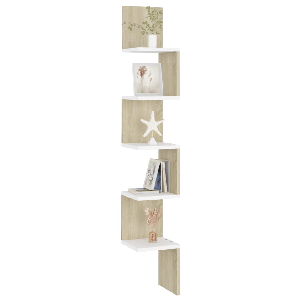 vidaXL Raft de perete pentru colț alb&stejar Sonoma 20x20x127,5 cm PAL