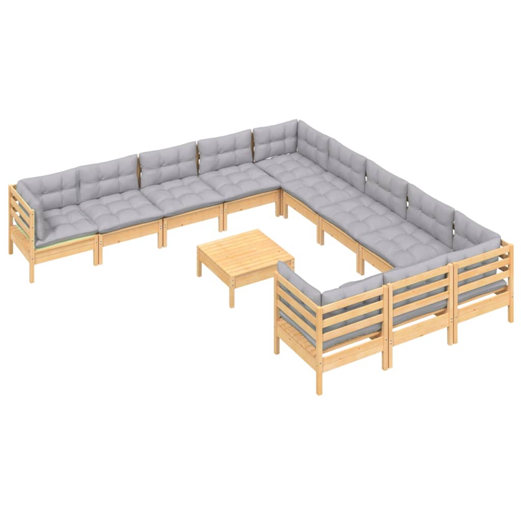 vidaXL Set mobilier de grădină cu perne, 12 piese, gri, lemn masiv pin