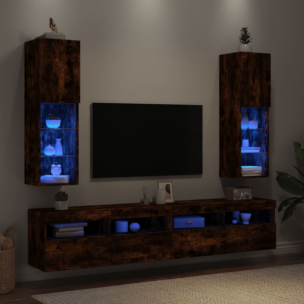 vidaXL Comode TV cu lumini LED, 2 buc., stejar fumuriu, 30,5x30x102 cm