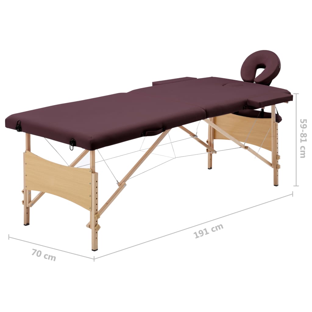 vidaXL Masă de masaj pliabilă, 2 zone, violet vin, lemn