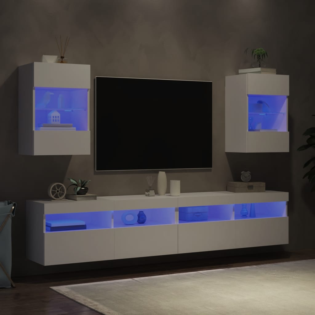 vidaXL Comode TV de perete cu lumini LED, 2 buc., alb, 40x30x60,5 cm