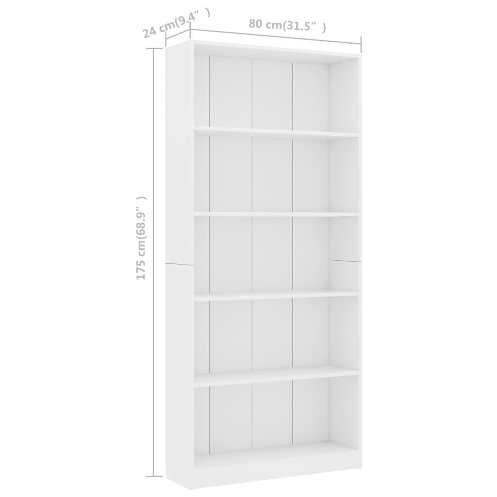 vidaXL Bibliotecă cu 5 rafturi, alb, 80 x 24 x 175 cm, PAL