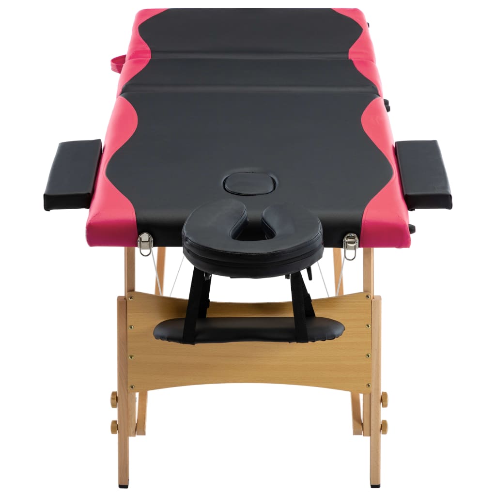 vidaXL Masă pliabilă de masaj, 3 zone, negru și roz, lemn