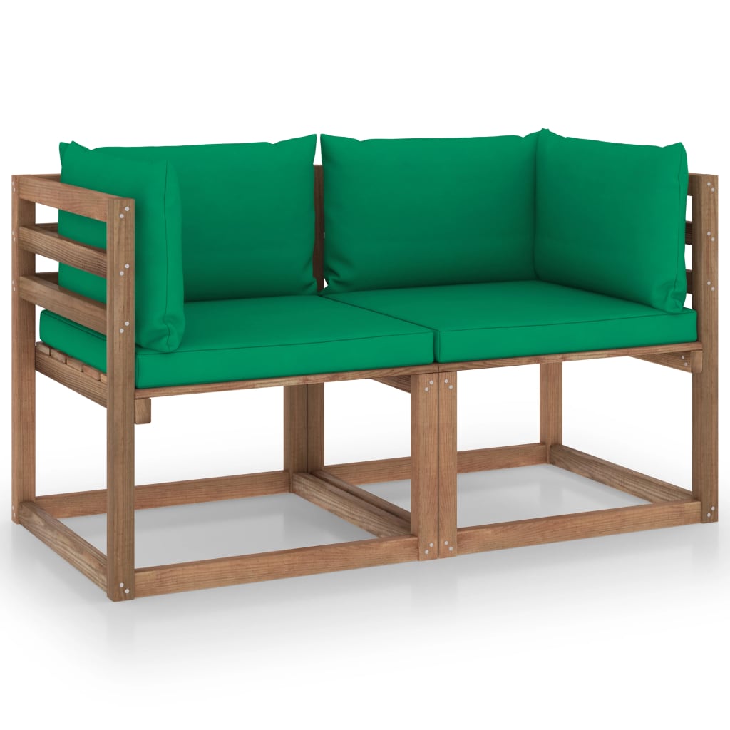 vidaXL Canapea din paleți de grădină, 2 locuri, perne verzi, lemn pin