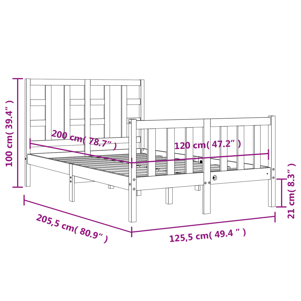 vidaXL Cadru de pat cu tăblie, gri, 120x200 cm, lemn masiv